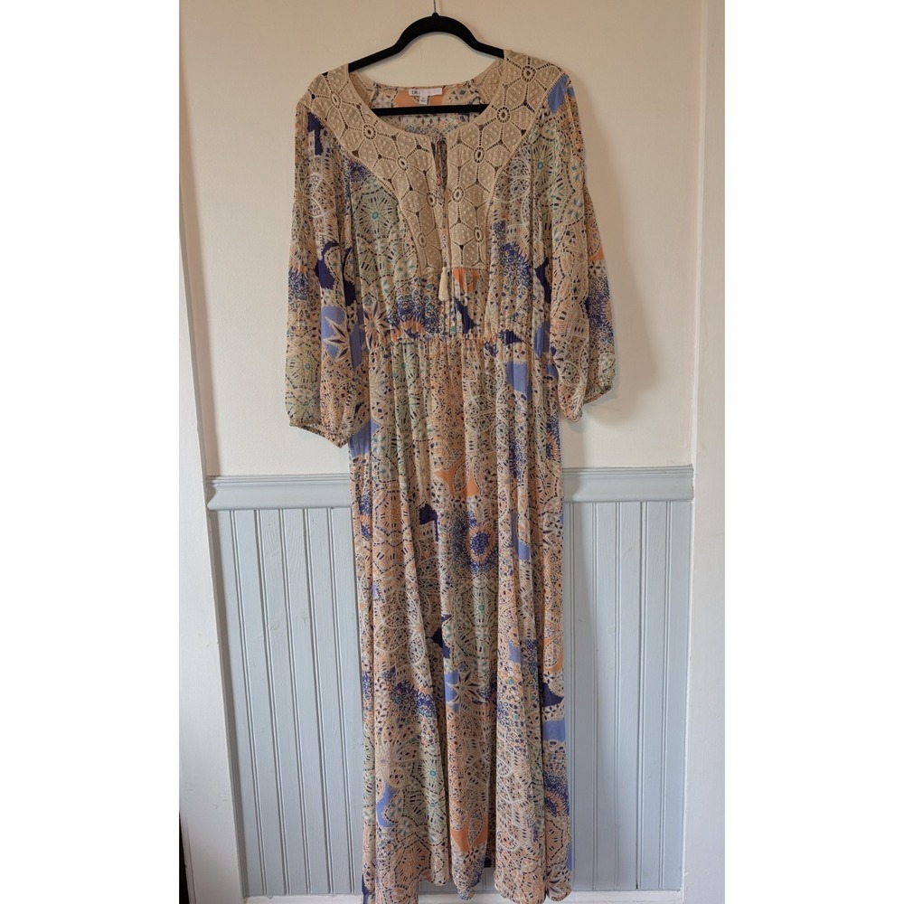 Womens Boho Maxi Dress XL Beige Paisley Puff Sleeve Peasant Sheer Crochet Hippie